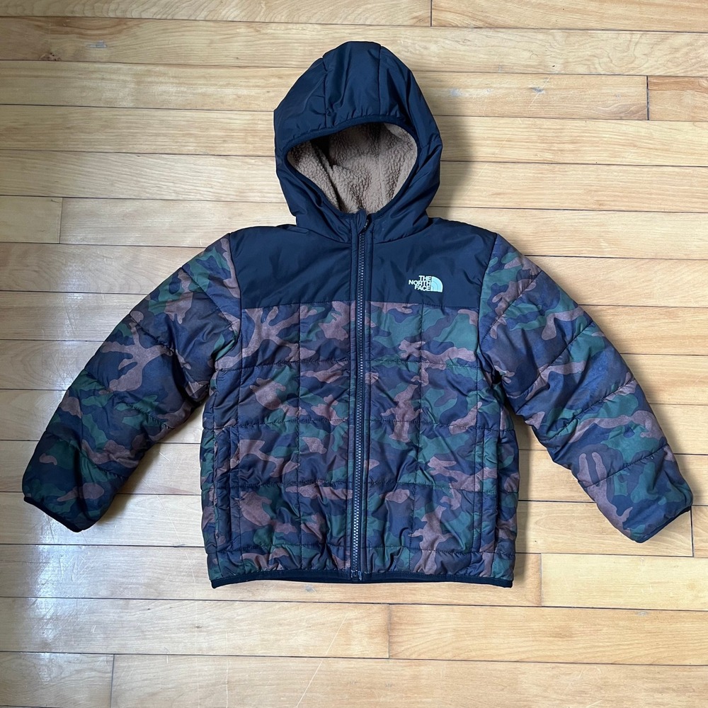 The North Face Boys Camo Puffer Jacket Black Green Hooded Sherpa Lined Coat